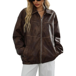 LY VAREY LIN Women Faux Leather Jacket Lapel Collar Motorcycle Zip Up Long Sleeve Motor Biker Short Coat Jacket(2305brown)