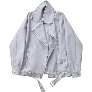 LY VAREY LIN Women Faux Leather Jacket Lapel Collar Motorcycle Zip Up Long Sleeve Motor Biker Short Coat Jacket(2358blue)