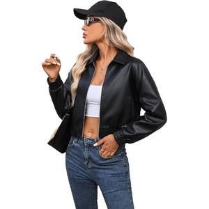 LY VAREY LIN Womens Faux Leather Jacket Baseball Collar Zip UP Streetwear Casual Coat(Deep Black)