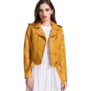 LY VAREY LIN Women’s Faux Leather Motorcycle Jacket PU Slim Short Biker Coat(Yellow)