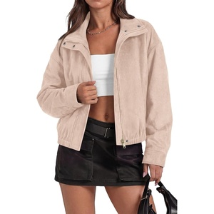 PRETTYGARDEN Lightweight Faux Suede Bomber Jacket Women Coats Outerwear(Beige)