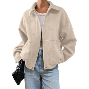 SHEWIN Women’s Faux Suede Bomber Jacket Oversized Zip Up Cropped Coat(Beige)