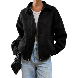 SHEWIN Women’s Faux Suede Bomber Jacket Oversized Zip Up Cropped Coat(Black)