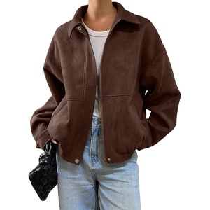 SHEWIN Women’s Faux Suede Bomber Jacket Oversized Zip Up Cropped Coat(Coffee)