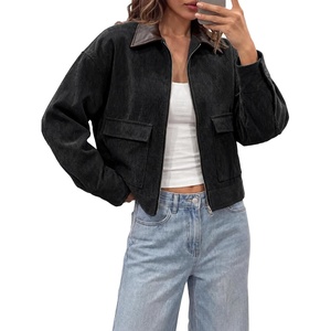 Tankaneo Womens Cropped Corduroy Jackets Oversized Zip Up Barn Bomber Coat(Black)