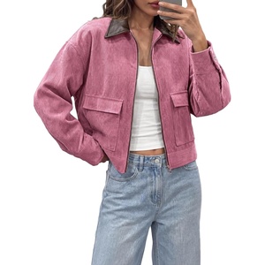 Tankaneo Womens Cropped Corduroy Jackets Oversized Zip Up Barn Bomber Coat(Pink)