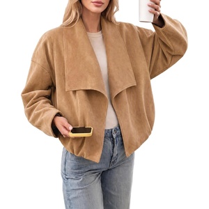 Tankaneo Womens Open Front Faux Suede Jackets Oversized Cropped Lapel Coats(Khaki)