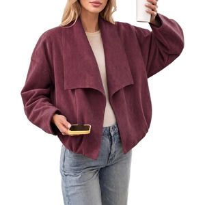 Tankaneo Womens Open Front Faux Suede Jackets Oversized Cropped Lapel Coats(Wine Red)