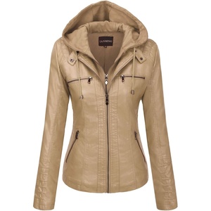 Tanming Faux Leather Jacket Women Hooded Moto Biker Coat(Apricot)