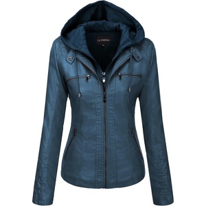 Tanming Faux Leather Jacket Women Hooded Moto Biker Coat(Blue)