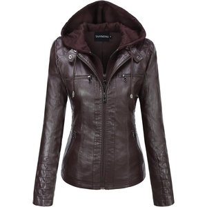Tanming Faux Leather Jacket Women Hooded Moto Biker Coat(Dark Coffee)