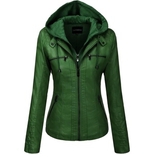 Tanming Faux Leather Jacket Women Hooded Moto Biker Coat(Green)