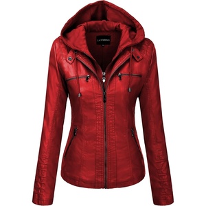 Tanming Faux Leather Jacket Women Hooded Moto Biker Coat(Wine Red)