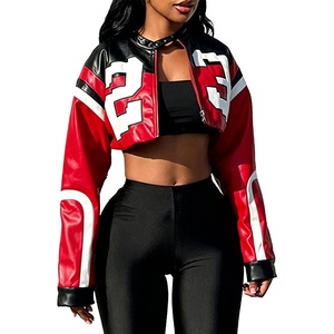 VOIKERDR Leather Jacket Cropped Jacket Motorcycle Jacket Y2K Letter Bomber Jacket Women Faux Leather Jacket Streetwear(Red)
