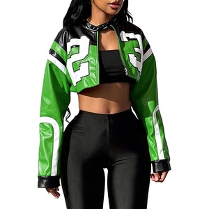VOIKERDR Leather Jacket Cropped Jacket Motorcycle Jacket Y2K Letter Bomber Jacket Women Faux Leather Jacket Streetwear(T Green)