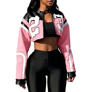 VOIKERDR Leather Jacket Cropped Jacket Motorcycle Jacket Y2K Letter Bomber Jacket Women Faux Leather Jacket Streetwear(T Pink)