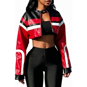 VOIKERDR Leather Jacket Cropped Jacket Motorcycle Jacket Y2K Letter Bomber Jacket Women Faux Leather Jacket Streetwear(W Red)