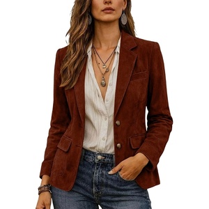 Women Faux Suede Jacket Lapel Collar Long Sleeve Button Coat with Pockets(Brown)