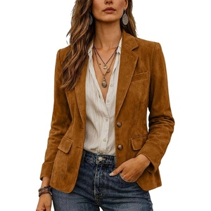 Women Faux Suede Jacket Lapel Collar Long Sleeve Button Coat with Pockets(Coffee)
