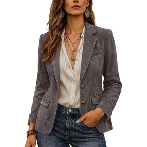 Women Faux Suede Jacket Lapel Collar Long Sleeve Button Coat with Pockets(Gray)