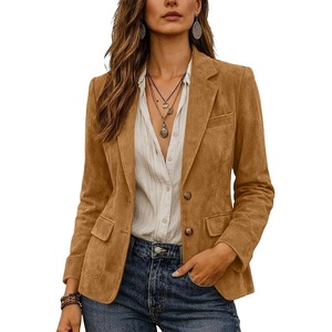 Women Faux Suede Jacket Lapel Collar Long Sleeve Button Coat with Pockets(Khaki)