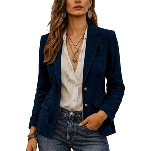 Women Faux Suede Jacket Lapel Collar Long Sleeve Button Coat with Pockets(Navy Blue)