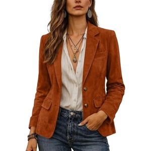 Women Faux Suede Jacket Lapel Collar Long Sleeve Button Coat with Pockets(Orange)