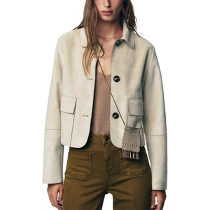 Womens Faux Suede Cropped Casual Button Down Jacket(Beige)