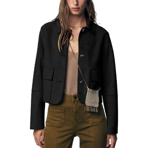 Womens Faux Suede Cropped Casual Button Down Jacket(Black)
