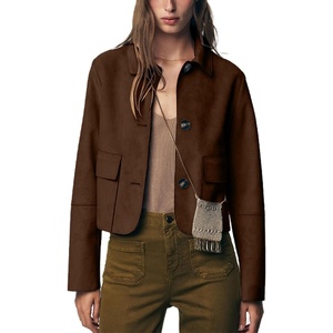 Womens Faux Suede Cropped Casual Button Down Jacket(Brown)