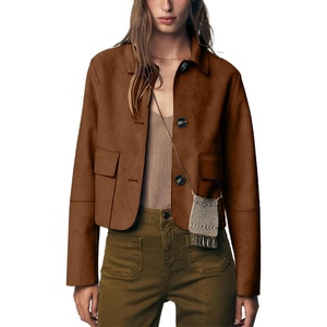 Womens Faux Suede Cropped Casual Button Down Jacket(Dark Brown)