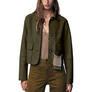 Womens Faux Suede Cropped Casual Button Down Jacket(Green)