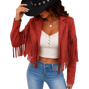 Women’s Faux Suede Fringe Tassel Jacket Cropped Western Cowgirl Top(Red)
