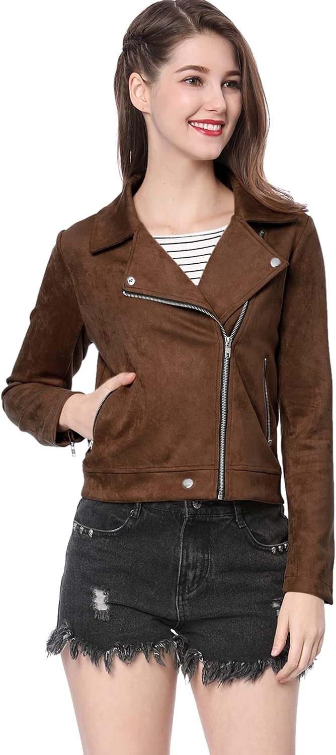 image:imageAllegra K Womens Faux Suede Jacket Long Sleeve Zip Up Lapel OuterwearDark Brown
