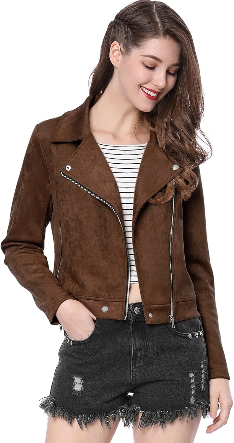 image:imageAllegra K Womens Faux Suede Jacket Long Sleeve Zip Up Lapel OuterwearDark Brown