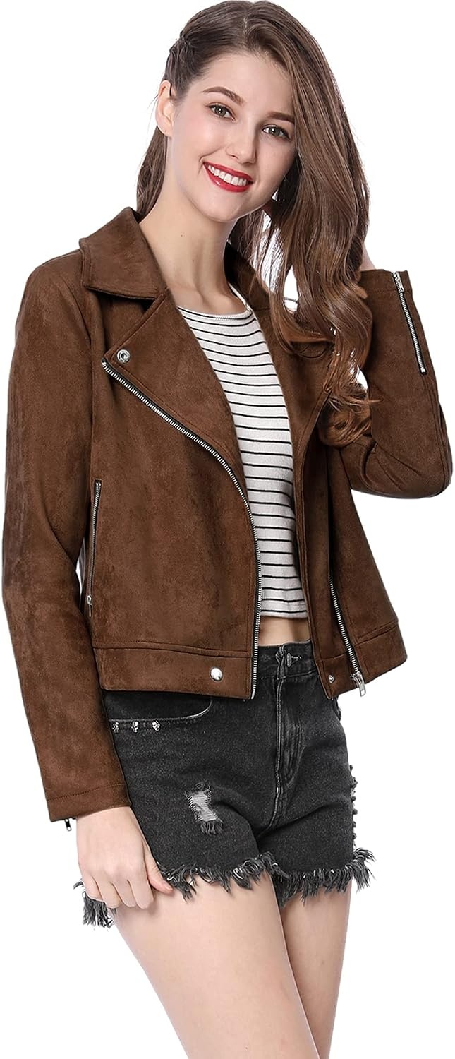 image:imageAllegra K Womens Faux Suede Jacket Long Sleeve Zip Up Lapel OuterwearDark Brown