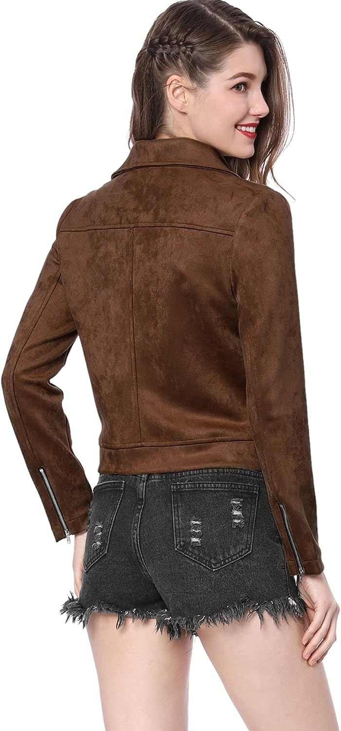 image:imageAllegra K Womens Faux Suede Jacket Long Sleeve Zip Up Lapel OuterwearDark Brown