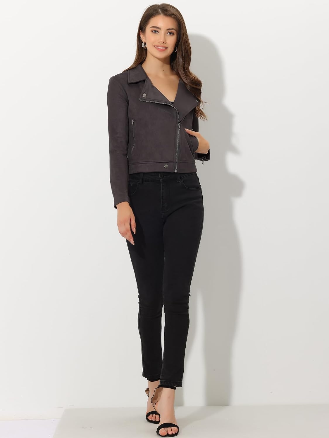 image:imageAllegra K Womens Faux Suede Jacket Long Sleeve Zip Up Lapel OuterwearDark Gray