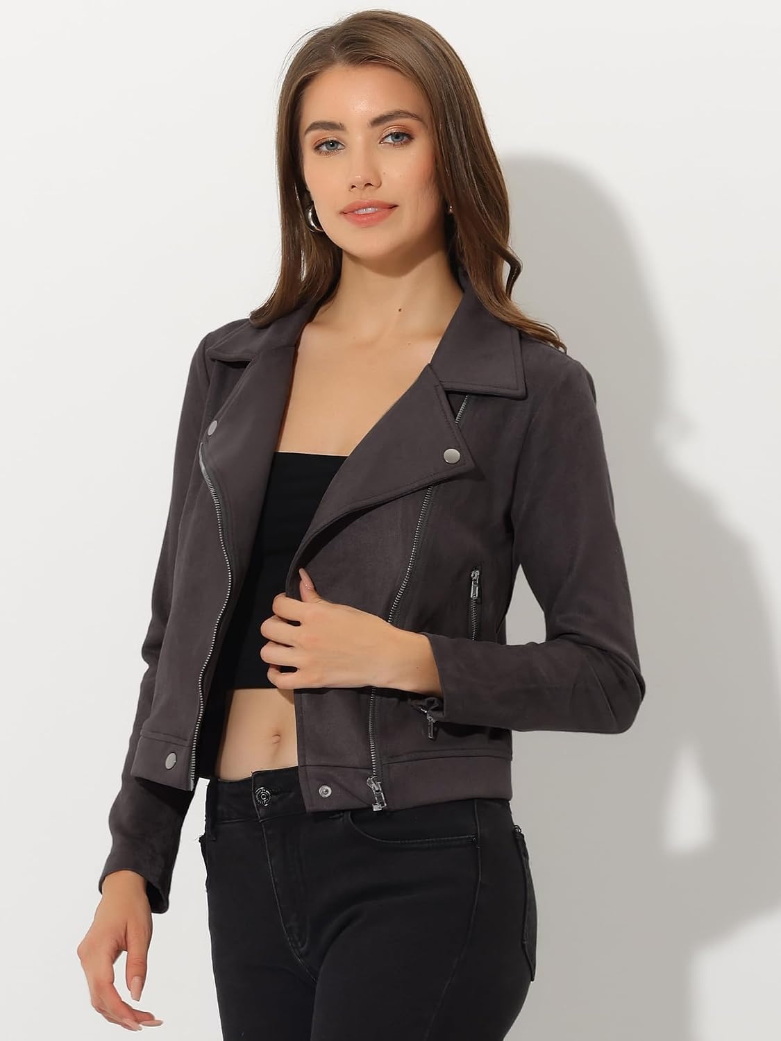 image:imageAllegra K Womens Faux Suede Jacket Long Sleeve Zip Up Lapel OuterwearDark Gray