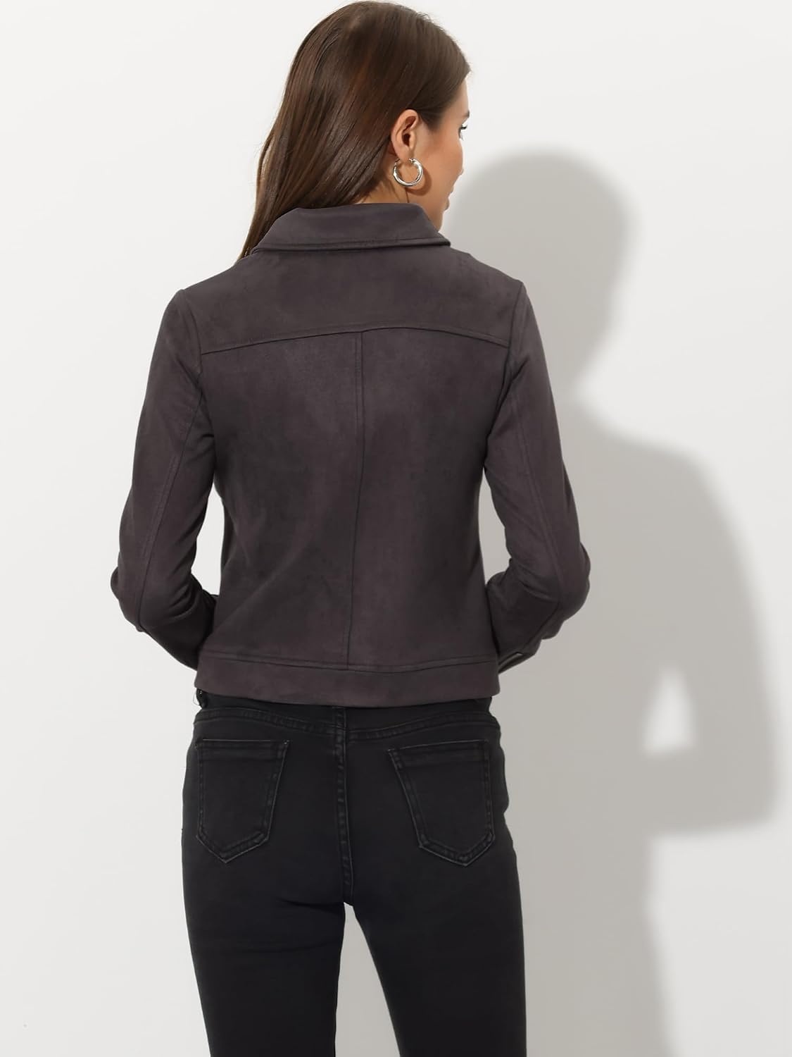 image:imageAllegra K Womens Faux Suede Jacket Long Sleeve Zip Up Lapel OuterwearDark Gray