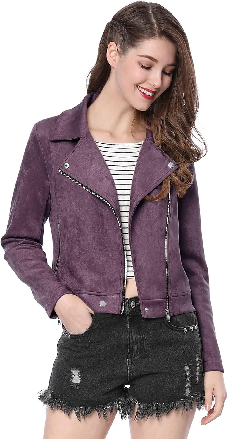 image:imageAllegra K Womens Faux Suede Jacket Long Sleeve Zip Up Lapel OuterwearDark Purple