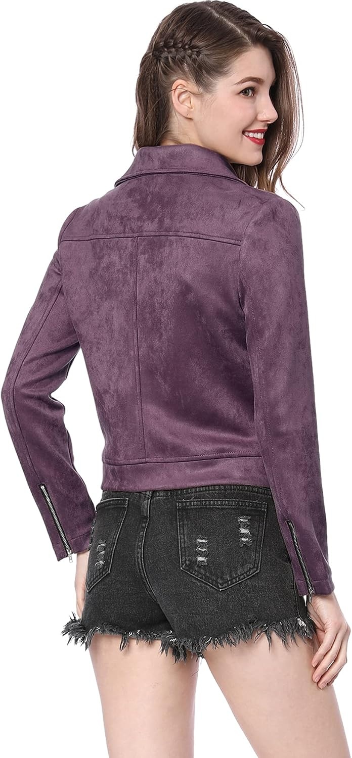 image:imageAllegra K Womens Faux Suede Jacket Long Sleeve Zip Up Lapel OuterwearDark Purple