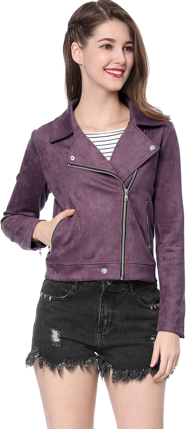 image:imageAllegra K Womens Faux Suede Jacket Long Sleeve Zip Up Lapel OuterwearDark Purple
