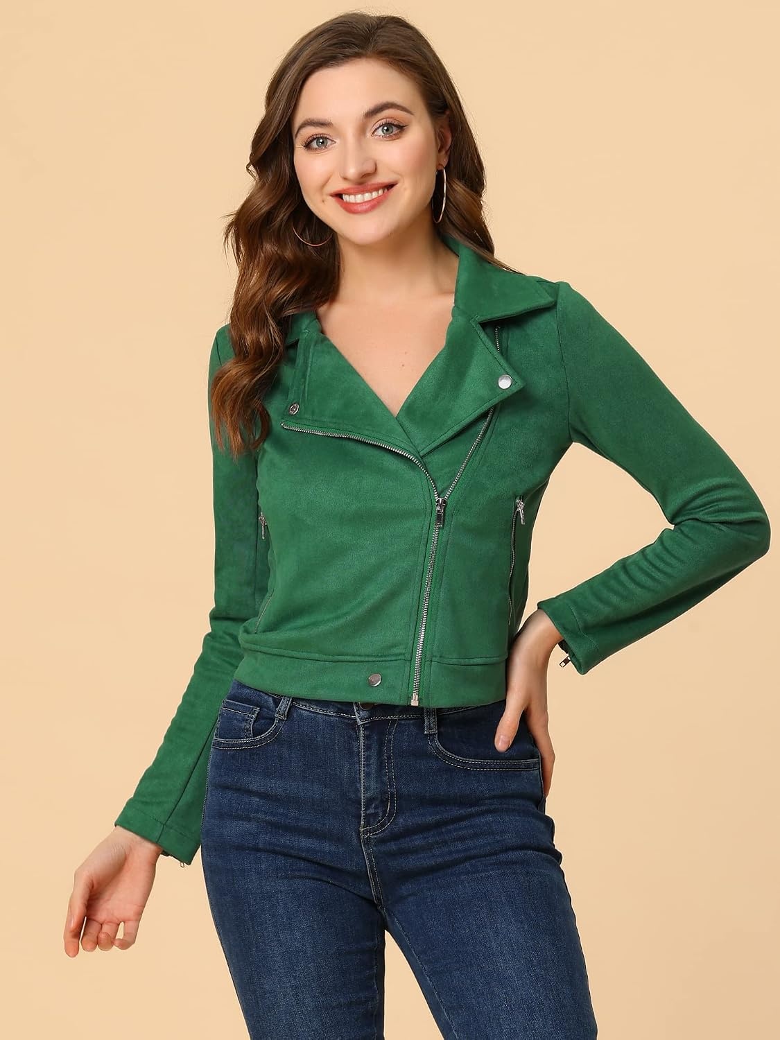 image:imageAllegra K Womens Faux Suede Jacket Long Sleeve Zip Up Lapel OuterwearGreen