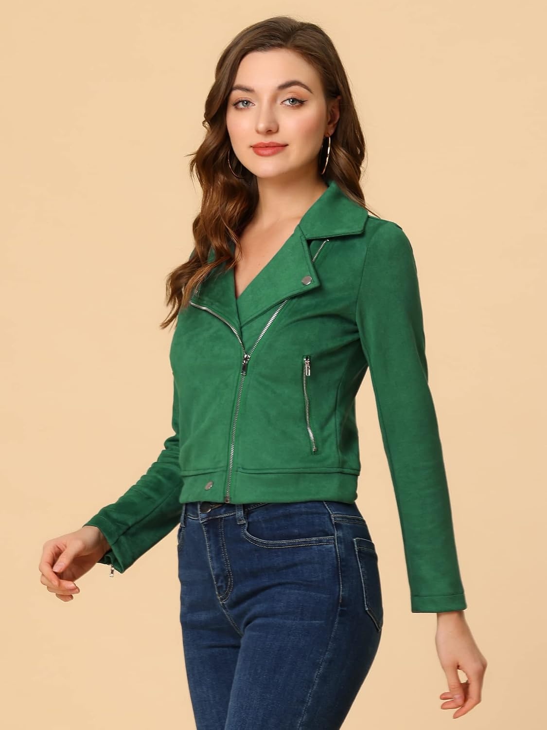 image:imageAllegra K Womens Faux Suede Jacket Long Sleeve Zip Up Lapel OuterwearGreen