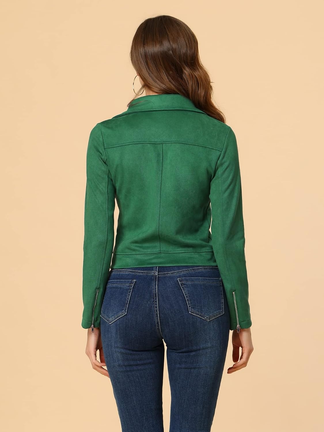 image:imageAllegra K Womens Faux Suede Jacket Long Sleeve Zip Up Lapel OuterwearGreen