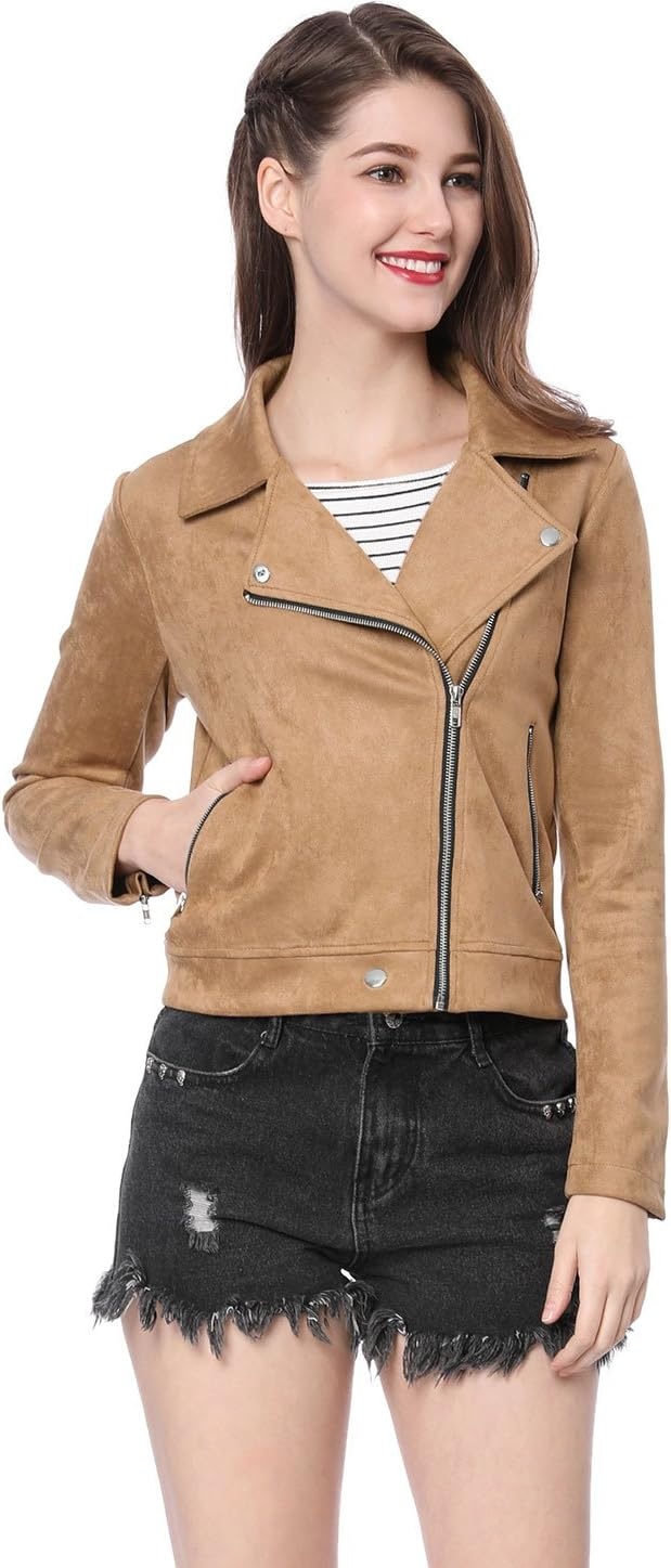 image:imageAllegra K Womens Faux Suede Jacket Long Sleeve Zip Up Lapel OuterwearKhaki