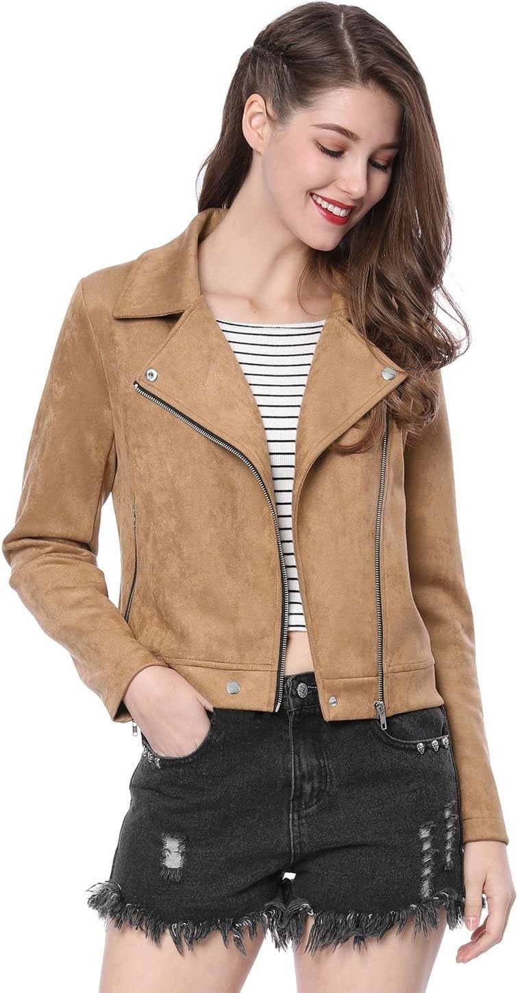 image:imageAllegra K Womens Faux Suede Jacket Long Sleeve Zip Up Lapel OuterwearKhaki