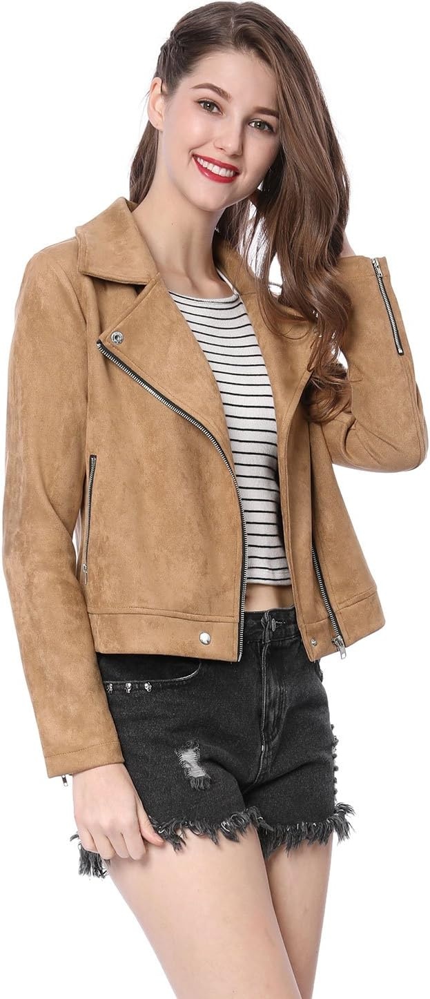 image:imageAllegra K Womens Faux Suede Jacket Long Sleeve Zip Up Lapel OuterwearKhaki