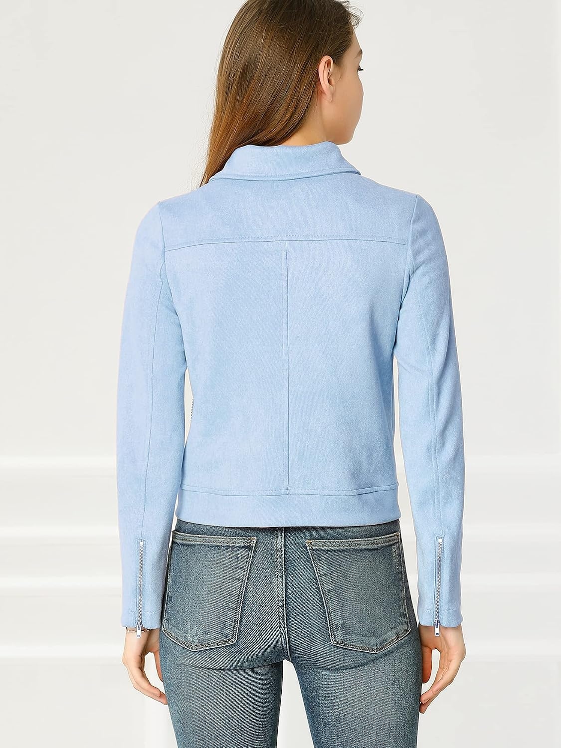 image:imageAllegra K Womens Faux Suede Jacket Long Sleeve Zip Up Lapel OuterwearLight Blue